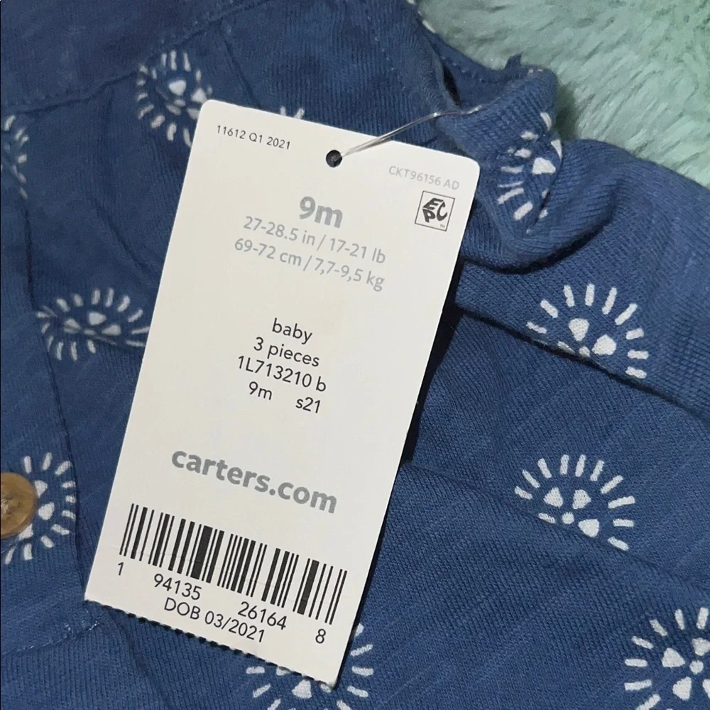 Carter's Yellow and White Striped Bodysuit and blue 3 pieces